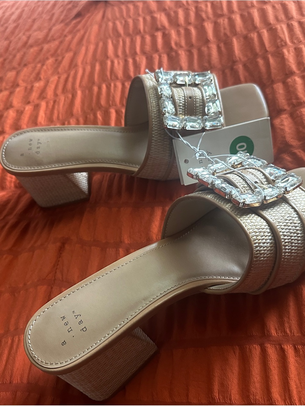 Embellished Beige Block Heel Slide Sandals